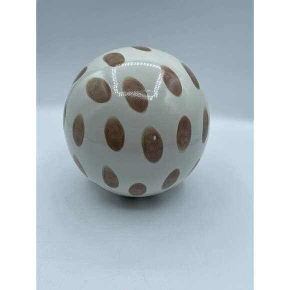 Painted Ceramic Sphere Sculpture, White with Brown Spots, Circumference 18.5in - Picture 2 of 6